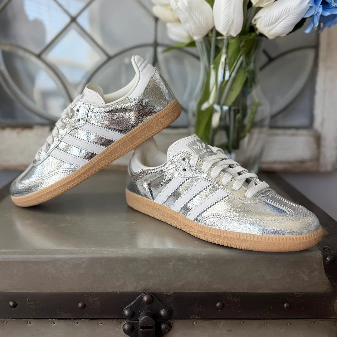 AD Samba OG Women's Silver Metallic Cracked Leather Sneakers - Stylish & Durable Footwear