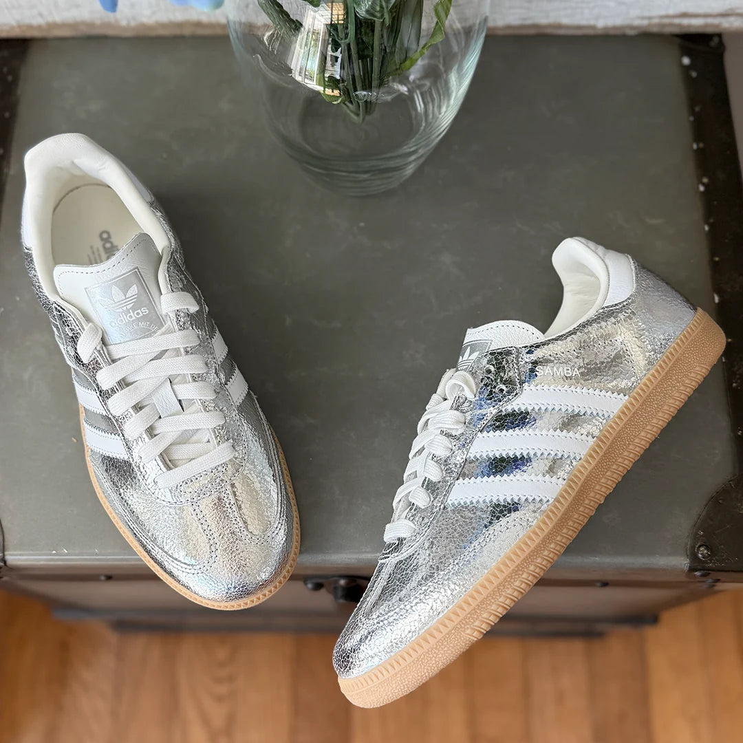 AD Samba OG Women's Silver Metallic Cracked Leather Sneakers - Stylish & Durable Footwear