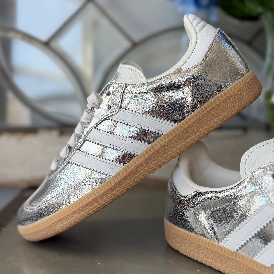 AD Samba OG Women's Silver Metallic Cracked Leather Sneakers - Stylish & Durable Footwear